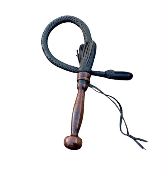 Leather whip with antique wooden handle